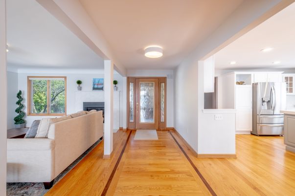 Fireplace, Interior, Kitchen, Living room, Recessed Lighting, Wood Texture Flooring