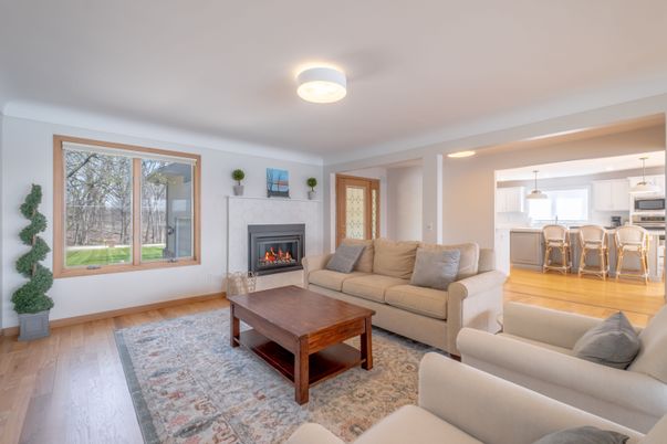 Fireplace, Interior, Kitchen, Living room, Pendant Lights, Recessed Lighting, Wood Texture Flooring