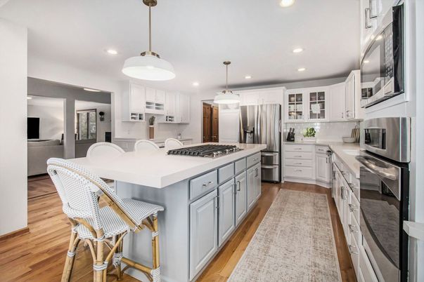 Interior, Kitchen, Pendant Lights, Recessed Lighting, Stainless Steel Appliances, Wood Texture Flooring