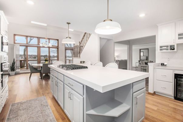Dining room, Interior, Kitchen, Pendant Lights, Recessed Lighting, Water, Wood Texture Flooring
