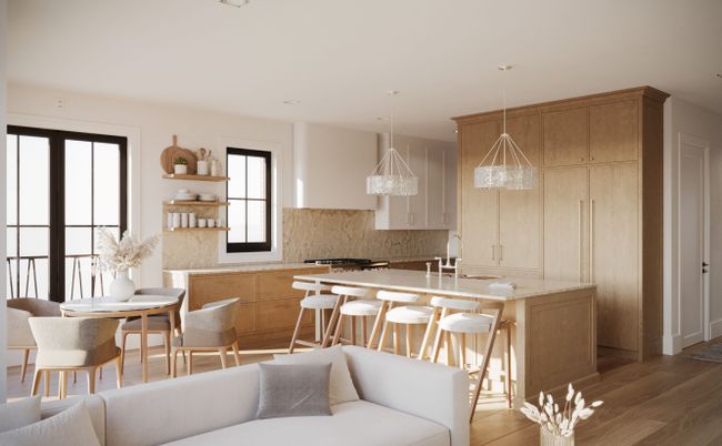 Dining room, Interior, Kitchen, Pendant Lights, Recessed Lighting, Wood Texture Flooring