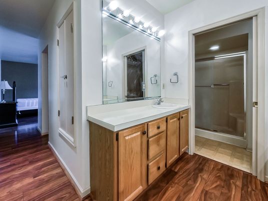 Bathroom, Dual Sink Vanities, Glass Shower, Interior, Wood Texture Flooring