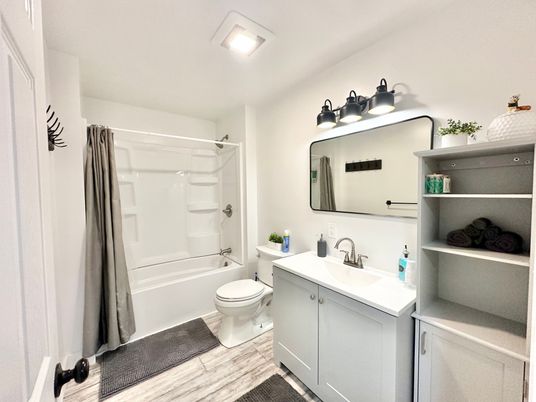 Bathroom, Glass Shower, Interior, Wood Texture Flooring