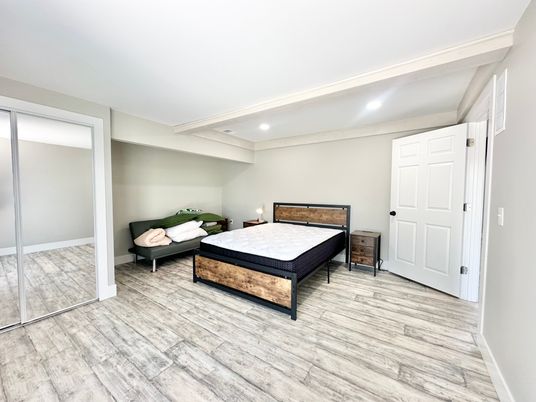 Bedroom, Interior, Recessed Lighting, Wood Texture Flooring