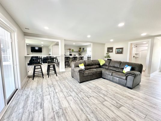 Interior, Kitchen, Living room, Recessed Lighting, Wood Texture Flooring