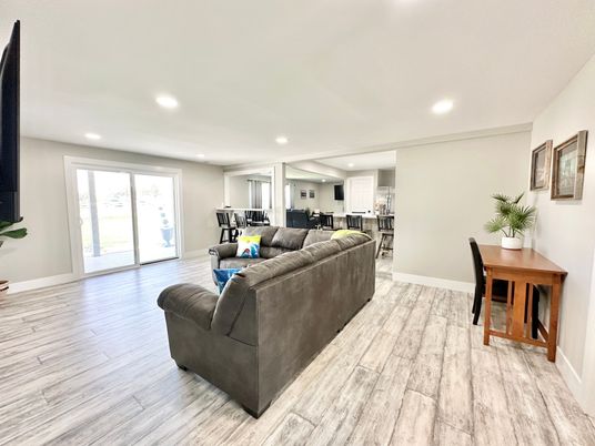 Dining room, Interior, Kitchen, Living room, Recessed Lighting, Wood Texture Flooring