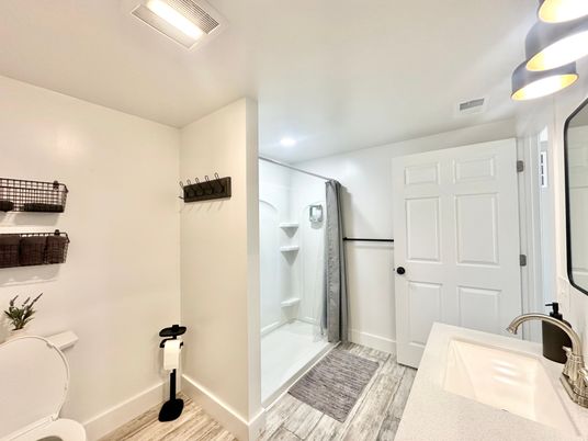 Bathroom, Glass Shower, Interior, Recessed Lighting, Wood Texture Flooring