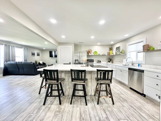 Interior, Kitchen, Living room, Recessed Lighting, Stainless Steel Appliances, Wood Texture Flooring