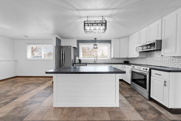 Interior, Kitchen, Stainless Steel Appliances, Wood Texture Flooring