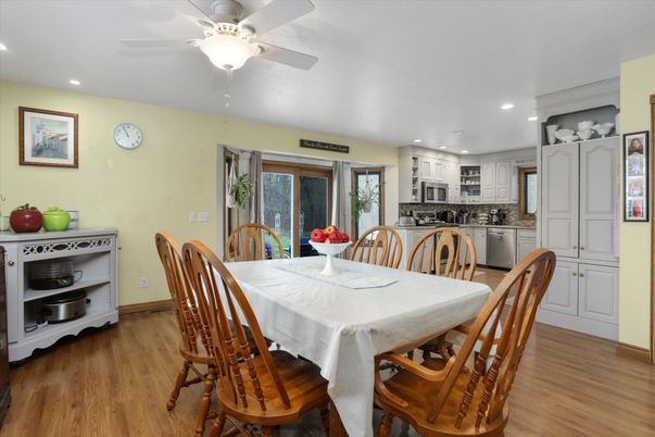Dining room, Interior, Kitchen, Recessed Lighting, Stainless Steel Appliances, Wood Texture Flooring