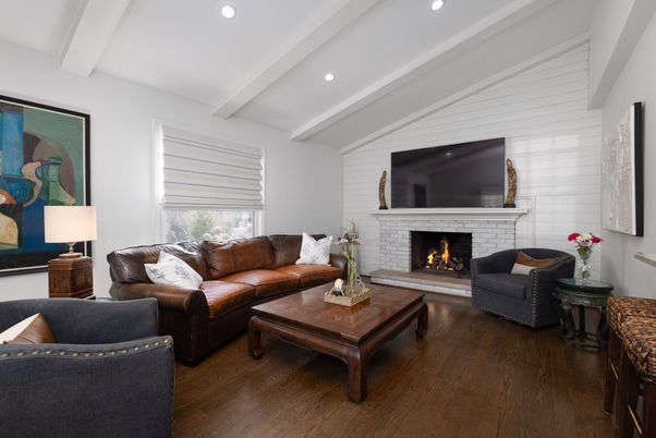 Fireplace, Interior, Living room, Recessed Lighting, Wood Texture Flooring