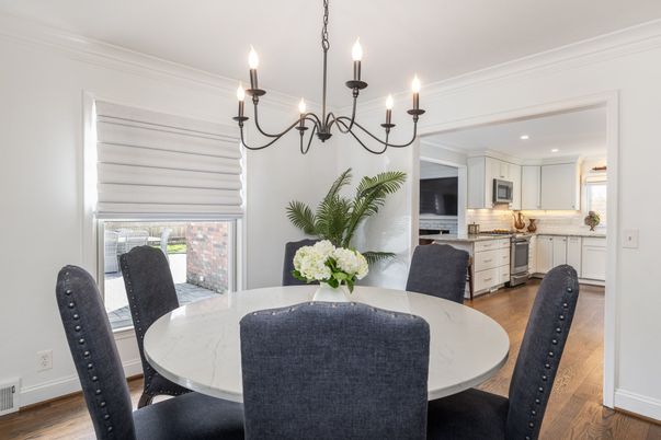 Chandelier, Dining room, Interior, Kitchen, Recessed Lighting, Wood Texture Flooring
