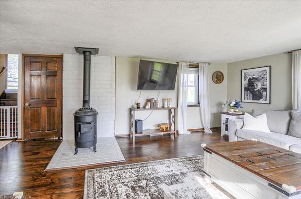 Fireplace, Interior, Living room, Stone Walls, Wood Texture Flooring
