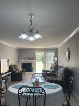 Chandelier, Dining room, Fireplace, Interior, Living room, Wood Texture Flooring
