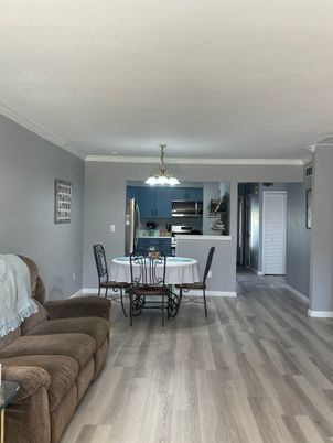 Dining room, Interior, Kitchen, Living room, Stainless Steel Appliances, Wood Texture Flooring