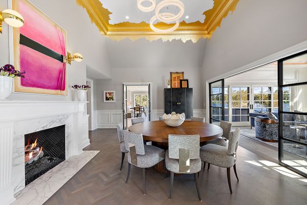 Dining room, Fireplace, Interior, Pendant Lights, Recessed Lighting, Wood Texture Flooring
