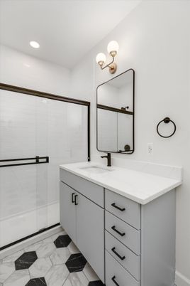 Bathroom, Dual Sink Vanities, Interior, Marble, Recessed Lighting