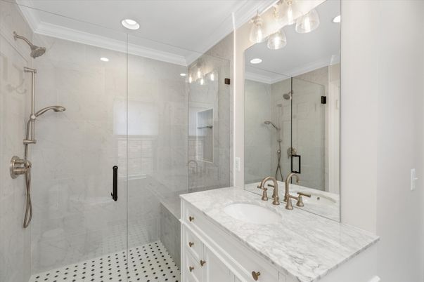 Bathroom, Glass Shower, Interior, Marble Walls, Recessed Lighting