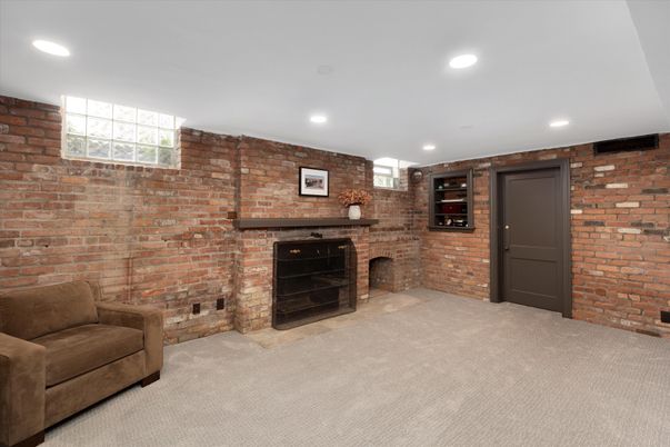 Fireplace, Interior, Recessed Lighting, Stone Walls