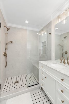 Bathroom, Glass Shower, Interior, Marble Walls, Recessed Lighting