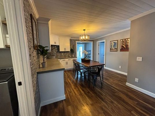 Chandelier, Dining room, Interior, Kitchen, Stone Walls, Wood Texture Flooring
