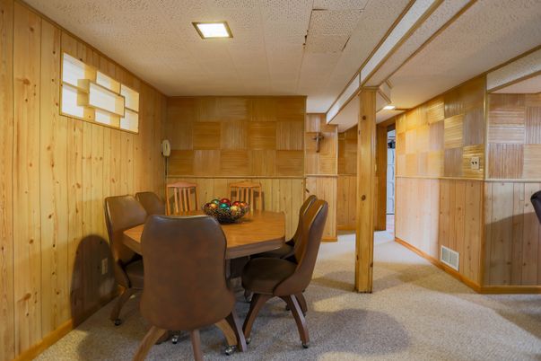 Dining room, Interior, Recessed Lighting, Wooden Walls