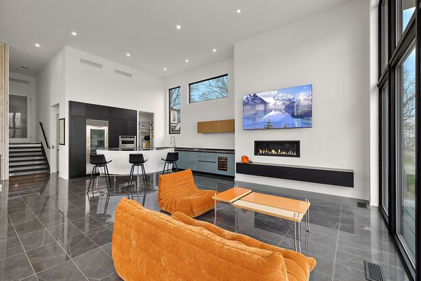 Fireplace, Interior, Kitchen, Living room, Recessed Lighting
