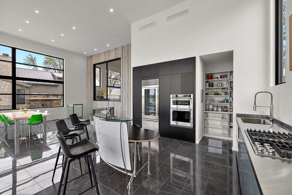Dining room, Interior, Kitchen, Marble, Recessed Lighting, Stainless Steel Appliances
