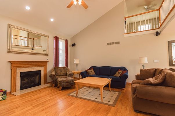Fireplace, Interior, Living room, Recessed Lighting, Wood Texture Flooring
