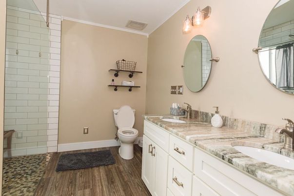 Bathroom, Dual Sink Vanities, Interior, Wood Texture Flooring