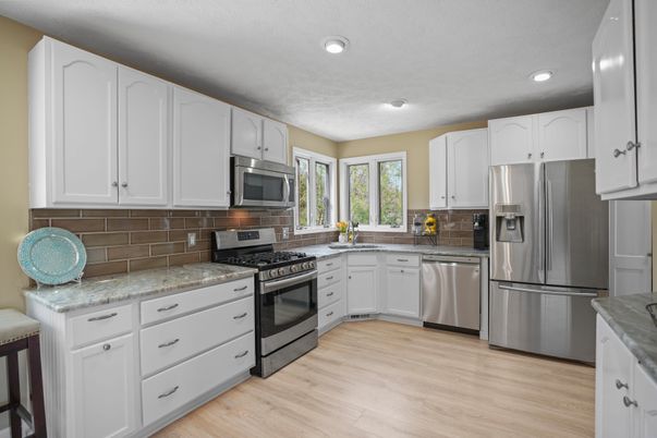 Interior, Kitchen, Recessed Lighting, Stainless Steel Appliances, Wood Texture Flooring