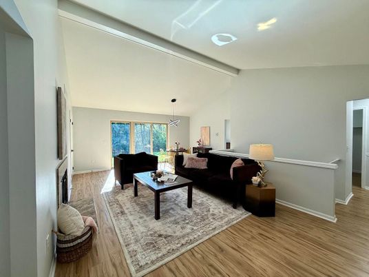 Dining room, Interior, Living room, Pendant Lights, Wood Texture Flooring