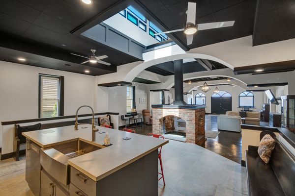 Fireplace, Interior, Kitchen, Living room, Pendant Lights, Recessed Lighting