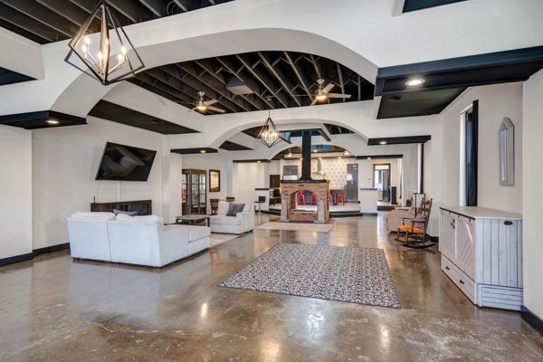 Dining room, Fireplace, Interior, Living room, Pendant Lights, Recessed Lighting, Wooden Beams