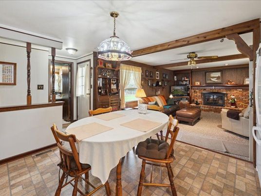 Dining room, Fireplace, Interior, Living room, Stone Walls, Wooden Beams