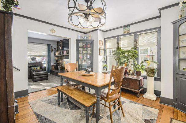 Dining room, Fireplace, Interior, Wood Texture Flooring