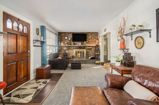 Fireplace, Interior, Living room, Stone Walls, Wood Texture Flooring