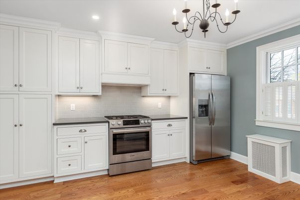 Chandelier, Interior, Kitchen, Recessed Lighting, Stainless Steel Appliances, Wood Texture Flooring
