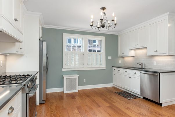 Chandelier, Interior, Kitchen, Stainless Steel Appliances, Wood Texture Flooring