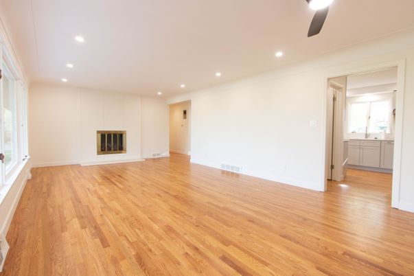 Empty room, Fireplace, Interior, Recessed Lighting, Wood Texture Flooring