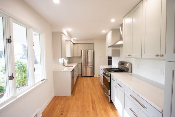 Interior, Kitchen, Recessed Lighting, Stainless Steel Appliances, Wood Texture Flooring