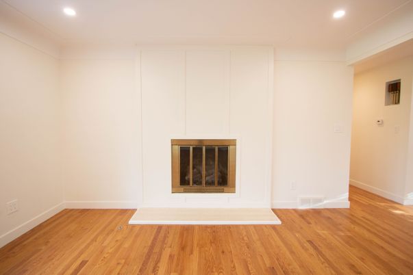 Empty room, Fireplace, Interior, Recessed Lighting, Wood Texture Flooring
