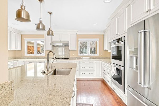 Interior, Kitchen, Pendant Lights, Recessed Lighting, Stainless Steel Appliances, Wood Texture Flooring