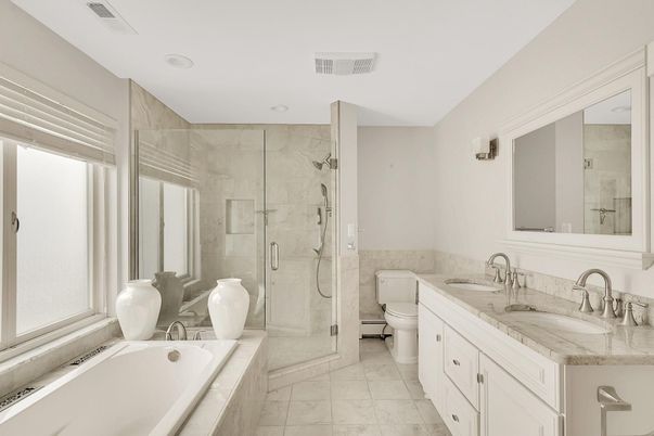 Bathroom, Dual Sink Vanities, Glass Shower, Interior, Recessed Lighting