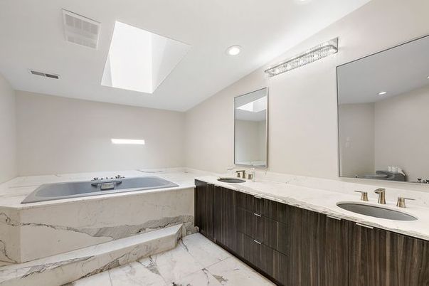 Bathroom, Dual Sink Vanities, Interior, Marble, Recessed Lighting