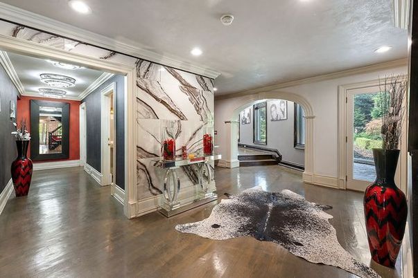 Interior, Marble Walls, Recessed Lighting, Wood Texture Flooring