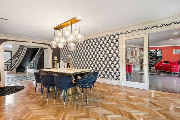 Dining room, Interior, Pendant Lights, Recessed Lighting, Wood Texture Flooring