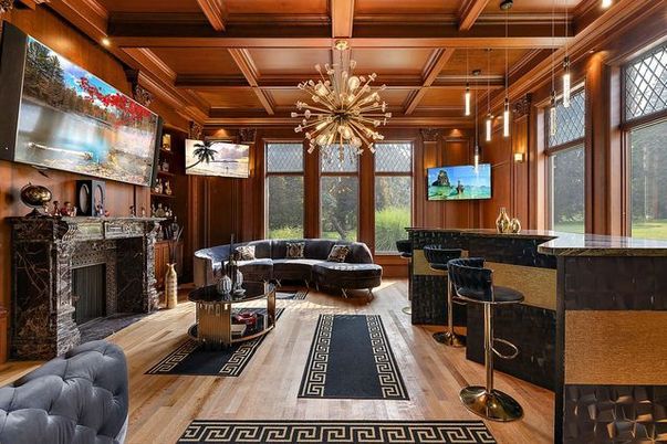 Fireplace, Interior, Living room, Pendant Lights, Wooden Beams, Wooden Ceilings, Wood Texture Flooring, Wooden Walls