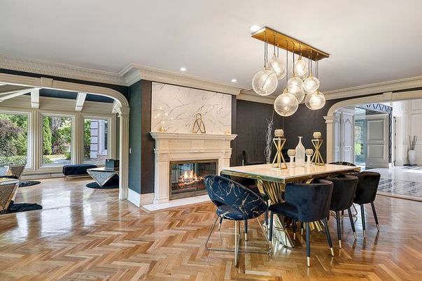 Dining room, Fireplace, Interior, Pendant Lights, Recessed Lighting, Wood Texture Flooring
