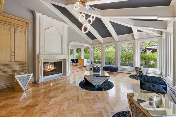 Fireplace, Interior, Living room, Pendant Lights, Wood Texture Flooring